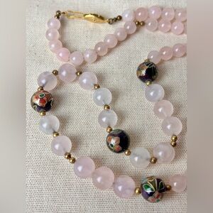 Vintage Rose Quartz and Cloisonné Necklace